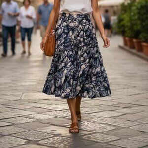 NWT En Saison Charcoal / Navy Floral Print Bonnie A Line Midi Skirt